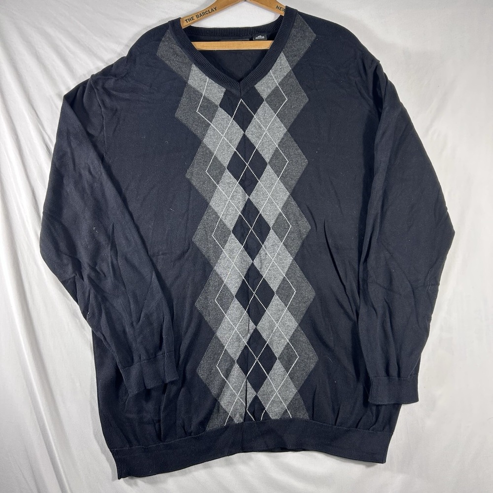 CLAIBORNE Men's V Neck Black Sweater  Argyle 100% Cotton XXL/2XL Golf Academia